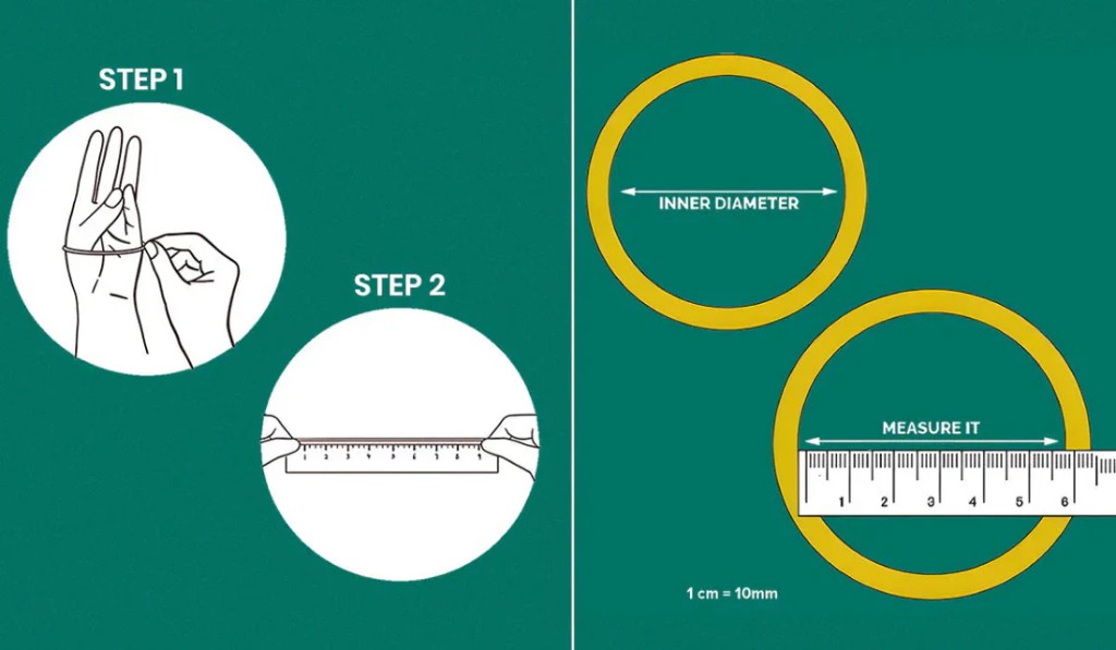 Guide showing inner diameter measurement of a bangle with a ruler — 1 cm equals 10 mm