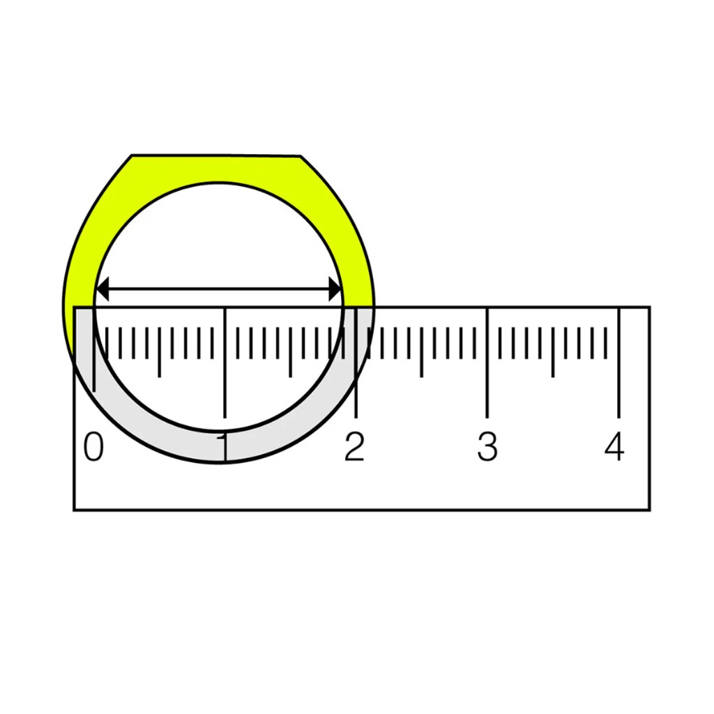Yellow ring placed on a ruler showing inner diameter measurement at 1.9 cm